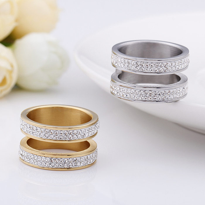Kalen moda nova jóias simples europeias e americanas fileira dupla argila branca strass anel de aço inoxidável galvanizado 18k ouro real