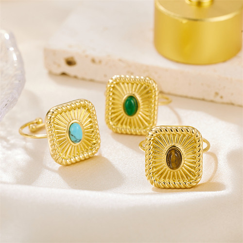 Vintage Style Square Stainless Steel Plating Inlay Turquoise 18K Gold Plated Open Rings