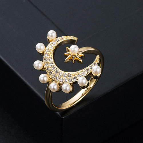 Neuer Kupfer vergoldeter Micro-Set Zirkon Bogen Stern Mond Perlen Ring