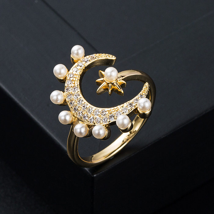 New Copper Gold-plated Micro-set Zircon Bow Star Moon Pearl Ring