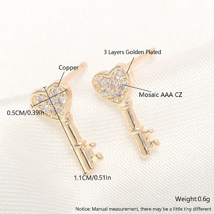 1 Pair Simple Style Heart Shape Bow Knot Plating Inlay Copper Rhinestones Gold Plated Ear Studs