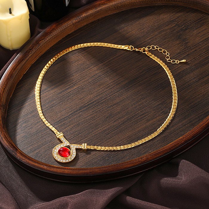 Vintage-Stil, einfacher Stil, ovale Halskette aus Kupfer mit 18 Karat vergoldetem Kristallglas und Zirkon in großen Mengen