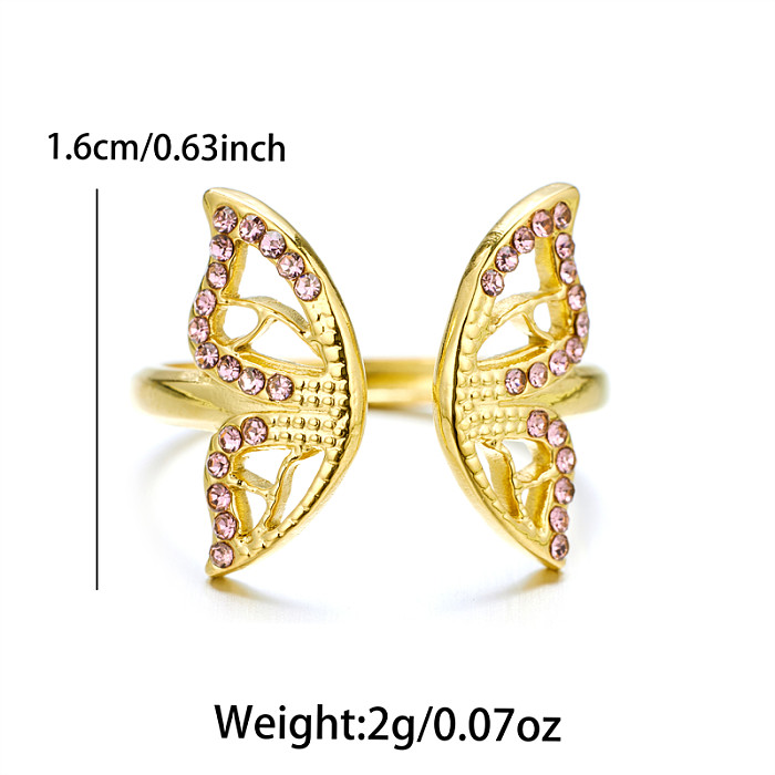 Süße offene Ringe mit Schmetterlings-Edelstahleinlage und Strasssteinen