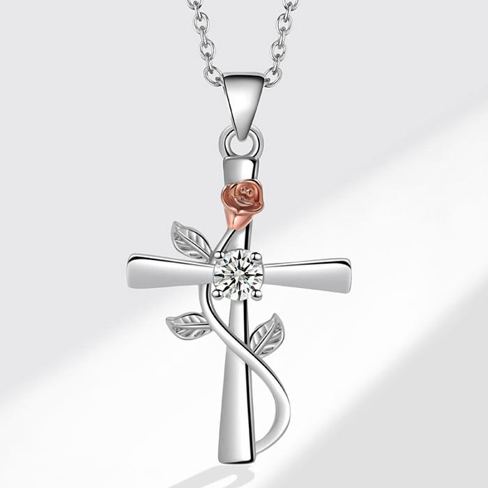 Simple Style Cross Copper Zircon Pendant Necklace In Bulk