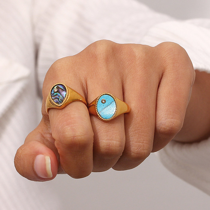 Retro Oval Water Droplets Stainless Steel Inlay Natural Stone Turquoise Rings