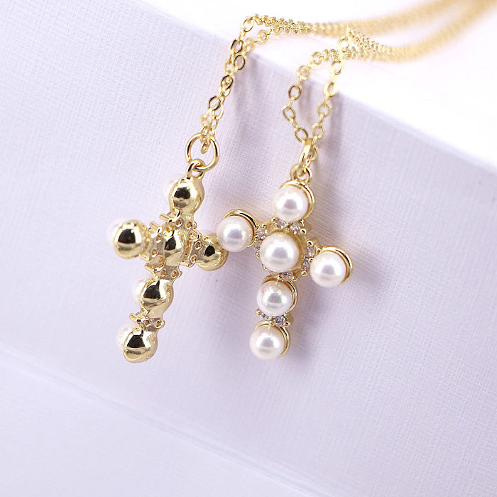 Simple Copper Gold-plated Inlaid Zircon Cross Pearl Pendant Necklace Wholesale
