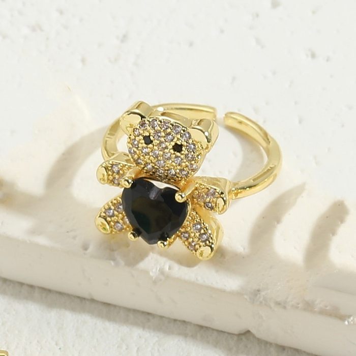 Mignon ours brillant en forme de cœur, incrustation de cuivre et Zircon plaqué or 14 carats, anneaux ouverts