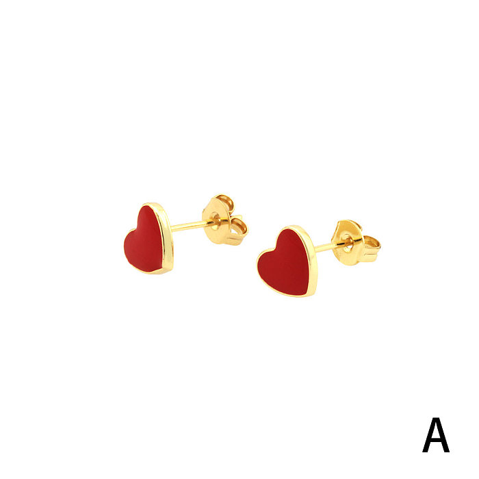 1 Pair Simple Style Heart Shape Enamel Plating Copper 18K Gold Plated Ear Studs