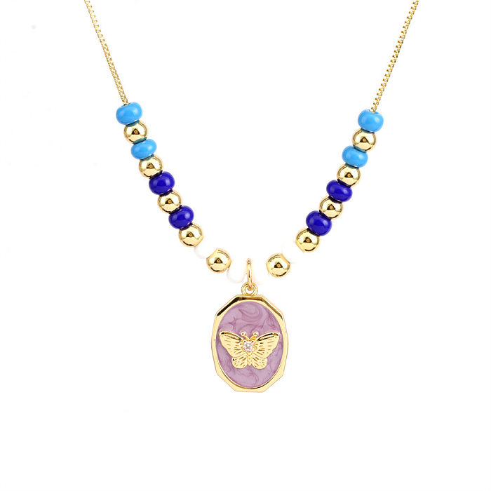 Streetwear Heart Shape Glass Copper Beaded Enamel Inlay Zircon Pendant Necklace