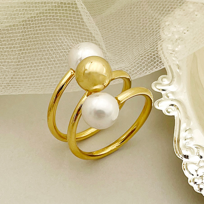 Elegant Round Stainless Steel Gold Plated Artificial Pearls Rings In Bulk
