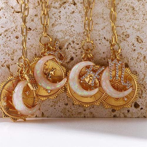 Collier pendentif rétro Constellation en cuivre et incrustation d'opale et de Zircon