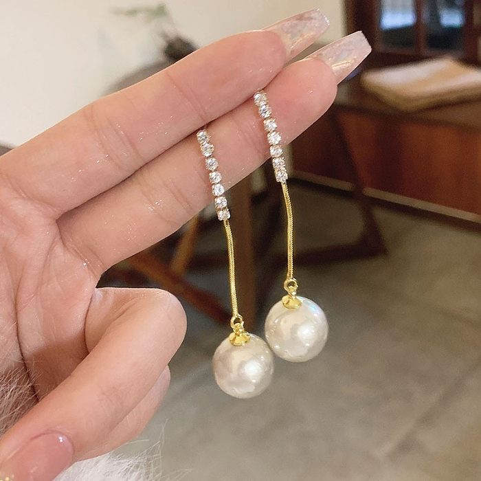 Pendientes colgantes chapados en oro de 1K con incrustaciones de perlas de imitación, diamantes de imitación artificiales de cobre, estilo Simple y elegante, 14 par
