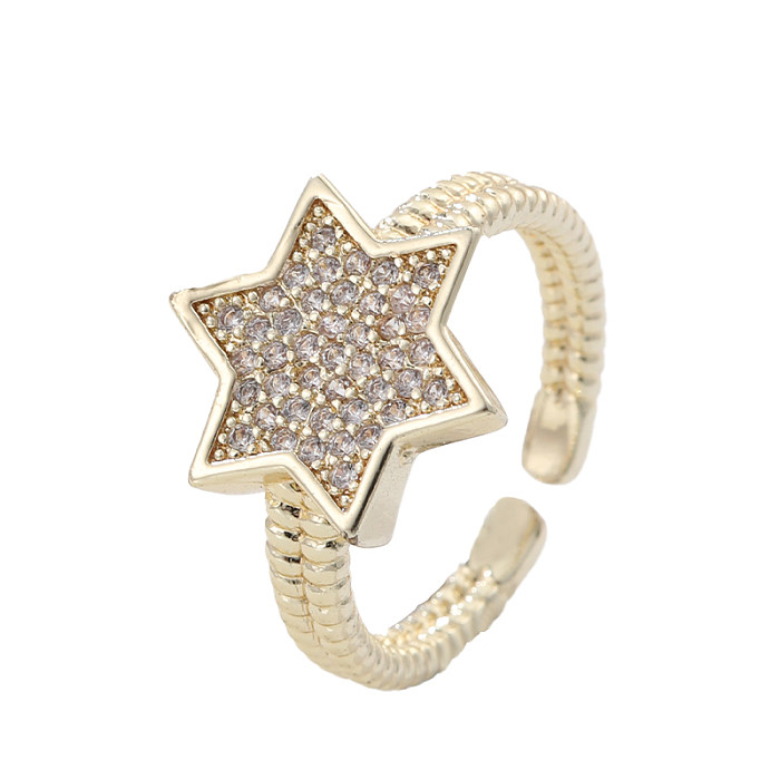 Casual Korean Style Star Copper Inlay Zircon Open Rings