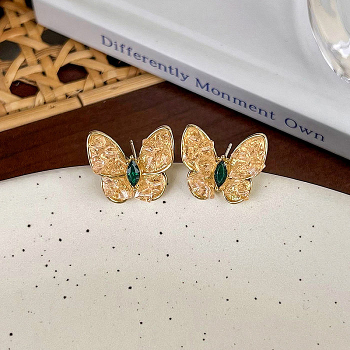 1 Pair Vintage Style Sweet Heart Shape Flower Butterfly Copper Inlay Rhinestones Earrings