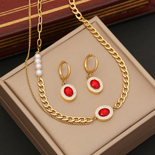 Collar de pendientes de pulseras de circonio con incrustaciones de perlas de acero inoxidable ovaladas de moda
