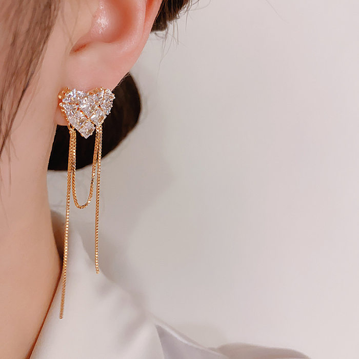 1 Pair Elegant Sweet Heart Shape Tassel Inlay Copper Rhinestones Drop Earrings