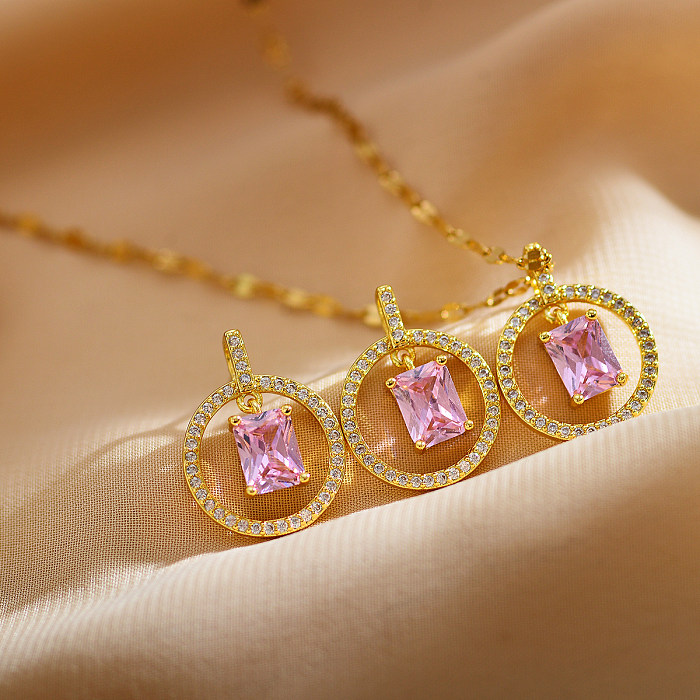 Glam Round Square Copper Inlay Zircon Earrings Necklace