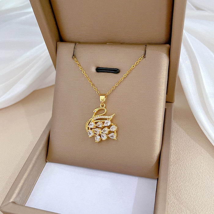 Classic Style Swan Titanium Steel Copper Inlay Artificial Gemstones Pendant Necklace