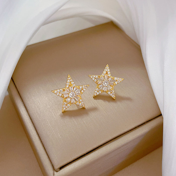 Simple Style Star Titanium Steel Copper Plating Inlay Artificial Gemstones Gold Plated Earrings Necklace