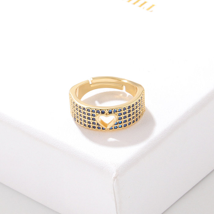 Placage d'anneau ouvert de cuivre de forme de coeur de mode évider les anneaux de cuivre de Zircon incrustés