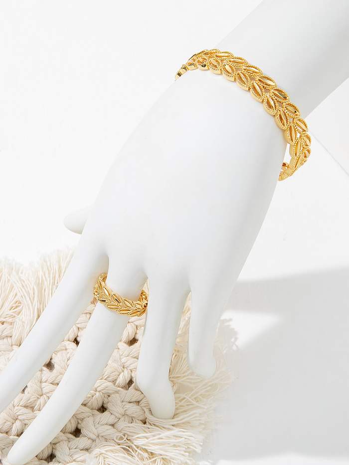 Glam Retro Luxuoso Folha Chapeamento de Cobre Inlay Zircão Banhado a Ouro 18K Anéis Pulseiras