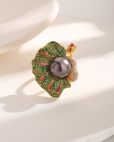 Vintage-Stil, übertriebene, luxuriöse Blütenblätter, Kupferbeschichtung, Inlay, künstliche Perlen, Zirkon, 18 Karat vergoldet, offene Ringe