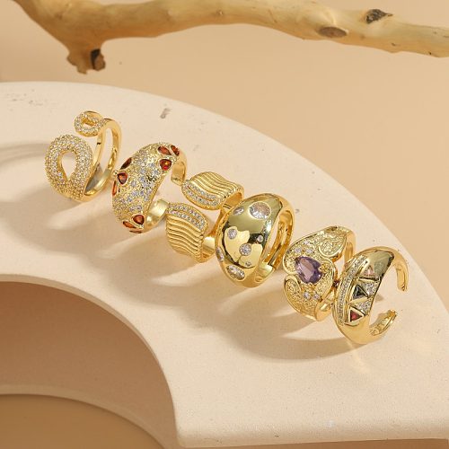 Elegant Luxurious Heart Shape Copper Plating Inlay Zircon 14K Gold Plated Open Rings