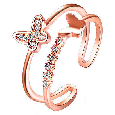 Neuer Ring, doppelter Schmetterlingsring, beliebter, verstellbarer Ring aus Roségold mit Diamanten für Damen