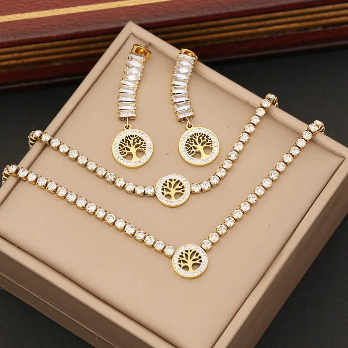 Wholesale INS Style Tree Stainless Steel Zircon Bracelets Earrings Necklace