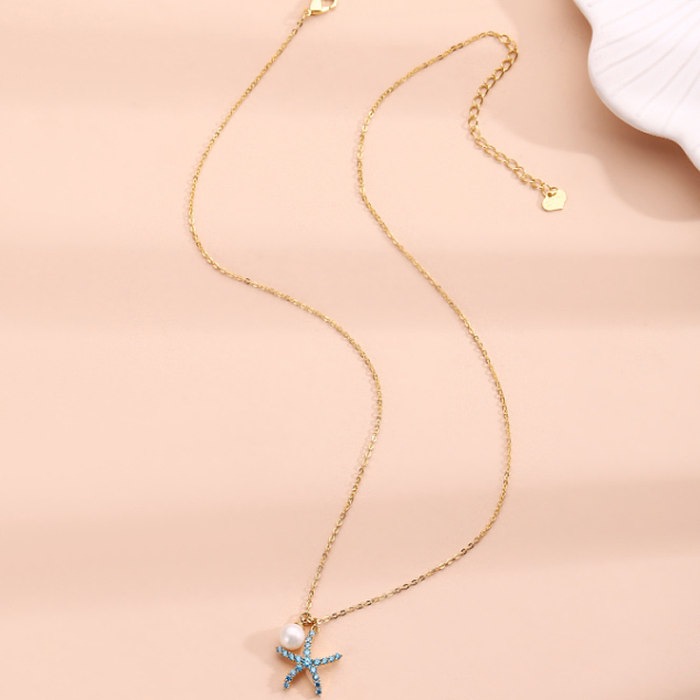 Simple Style Starfish Copper Inlay Artificial Pearls Rhinestones Pendant Necklace 1 Piece