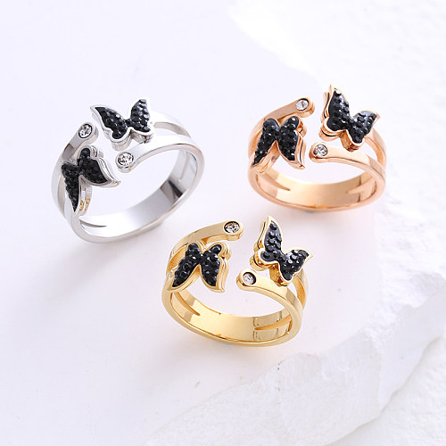 Estilo simples comute borboleta incrustada de aço inoxidável strass anéis banhados a ouro 24K