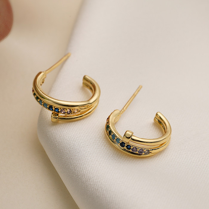 1 Pair Simple Style Commute C Shape Plating Inlay Copper Zircon 18K Gold Plated Ear Studs