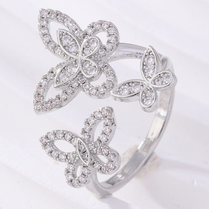 Simple Style Geometric Butterfly Copper Inlay Zircon White Gold Plated Open Ring