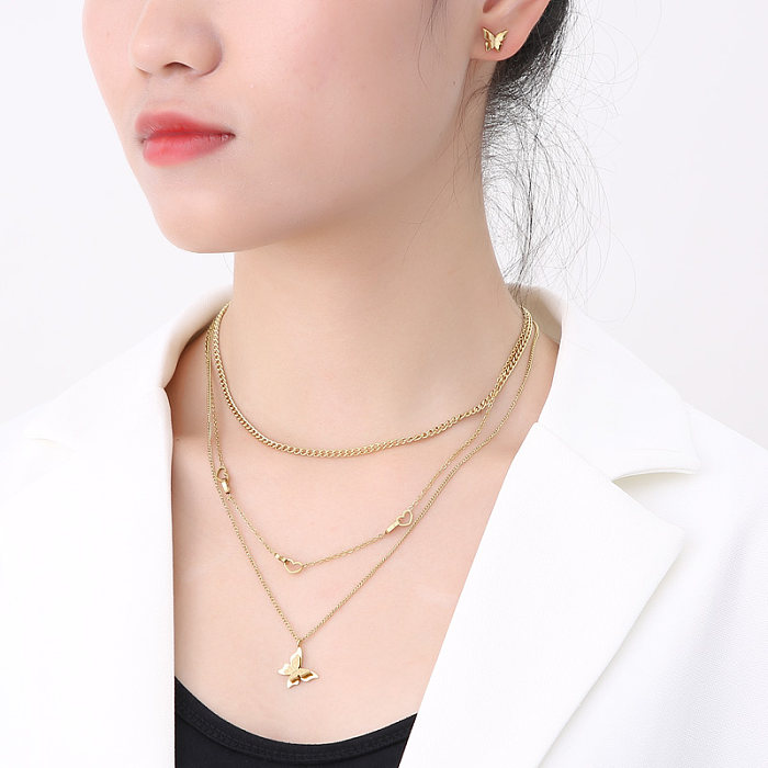 Elegante Halskette mit Ohrringen und Ohrringen in Herzform aus Titanstahl mit 18-Karat-Vergoldung