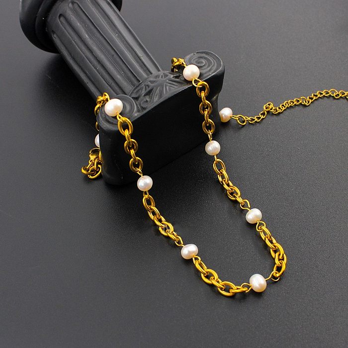 Lady Solid Color Stainless Steel Freshwater Pearl Titanium Steel Beaded Plating Bracelets Necklace