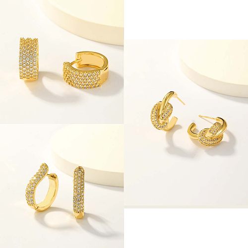 1 Paar lässige, schlichte, runde Ohrringe mit Inlay aus Zirkon und 18-karätigem Gold