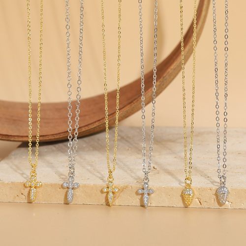 Simple Style Ice Cream Cross Copper Plating Inlay Zircon 14K Gold Plated Pendant Necklace
