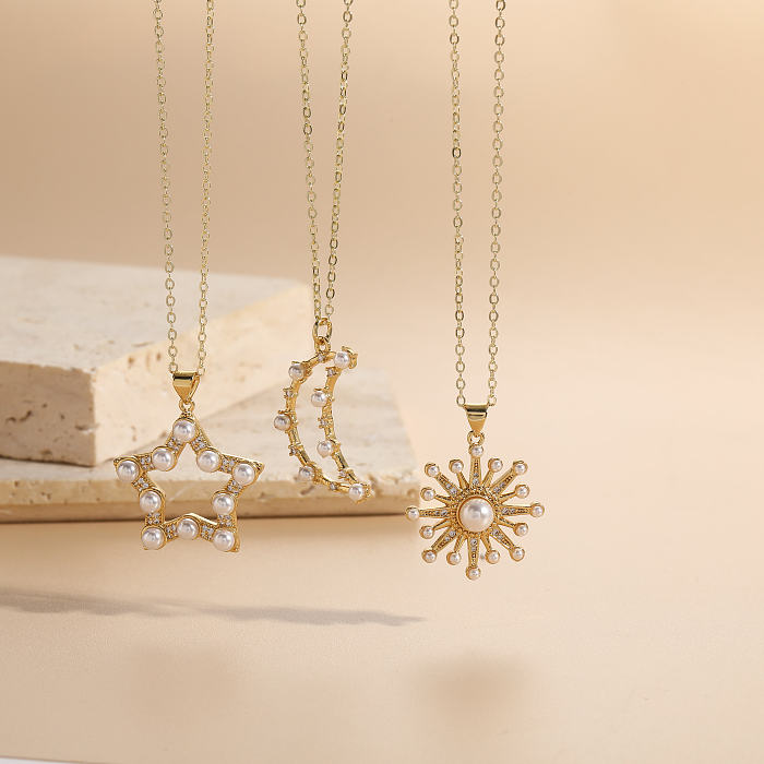 Elegante moderne Art-Sonnen-Stern-Mond-Kupfer-Beschichtung, ausgehöhlte Inlay-Perlen-Zirkon-Anhänger-Halskette mit 14 Karat vergoldeter langer Halskette