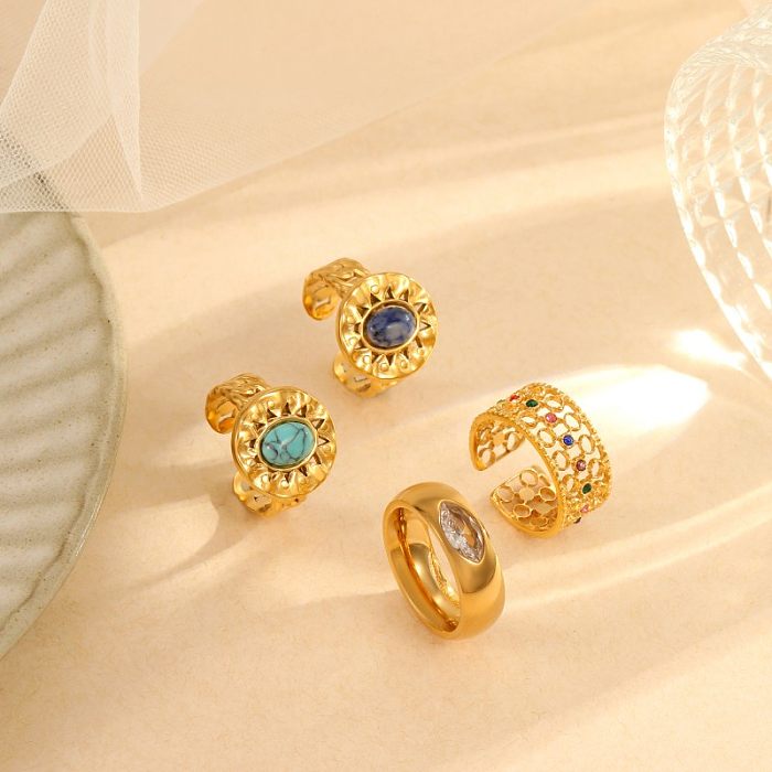 Vintage Style Round Oval Stainless Steel Plating Turquoise HD-18894 Zircon Gold Plated Open Rings