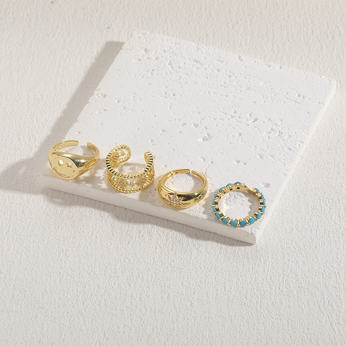 Offene Ringe im klassischen Stil mit Stern-Smiley-Gesicht, Kupfer, asymmetrischer Beschichtung, Zirkoneinlage, 14 Karat vergoldet