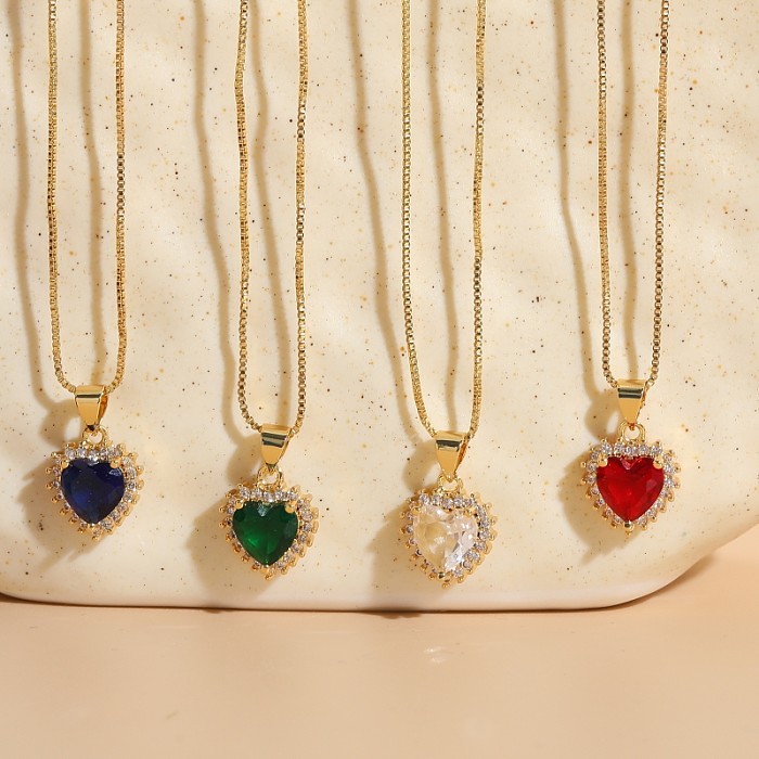 Elegant Classic Style Heart Shape Copper Irregular Inlay Zircon 14K Gold Plated Pendant Necklace