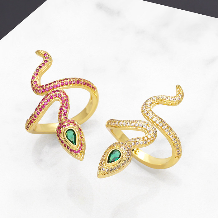 Hip-Hop Snake Copper 18K Gold Plated Zircon Open Ring In Bulk