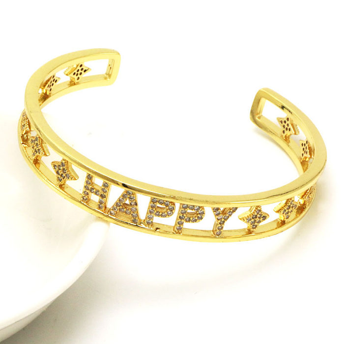 Simple Style Smiley Face Copper Hollow Out Artificial Gemstones Gold Plated Bangle
