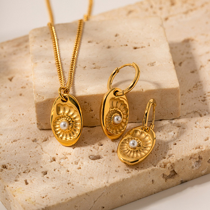 Elegant Oval Shell Stainless Steel Plating Inlay Pearl 18K Gold Plated Earrings Necklace