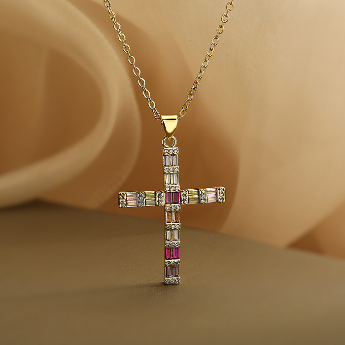 Retro Simple Style Cross Copper Plating Inlay Zircon 18K Gold Plated Pendant Necklace