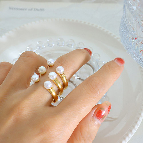 Anillo abierto de acero de titanio geométrico de moda anillos de acero inoxidable de perlas artificiales