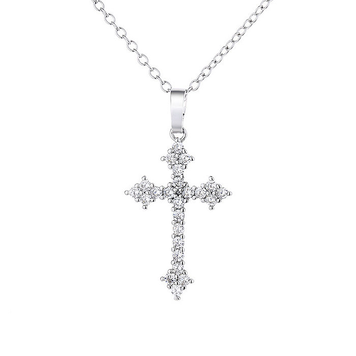 Simple Style Cross Titanium Steel Copper Plating Inlay Zircon White Gold Plated Pendant Necklace