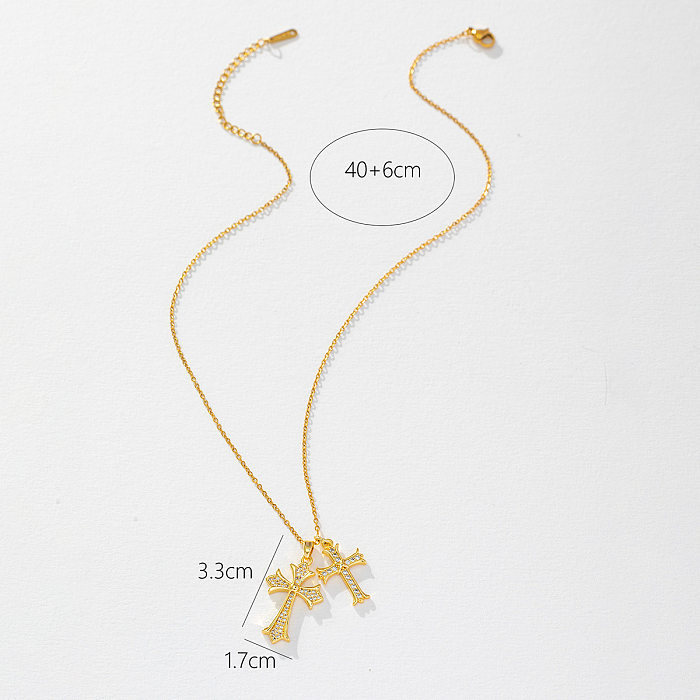 Basic Retro Cross Copper Plating Inlay Zircon Pendant Necklace