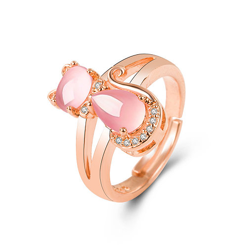 Anel de gato de cristal rosa coreano feminino diamante hibisco pedra gato aberto anel de moda