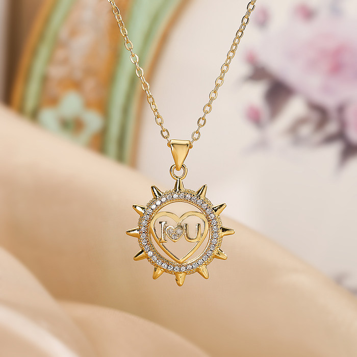 Simple Style Commute Letter Heart Shape Copper Plating Inlay Zircon 18K Gold Plated Pendant Necklace